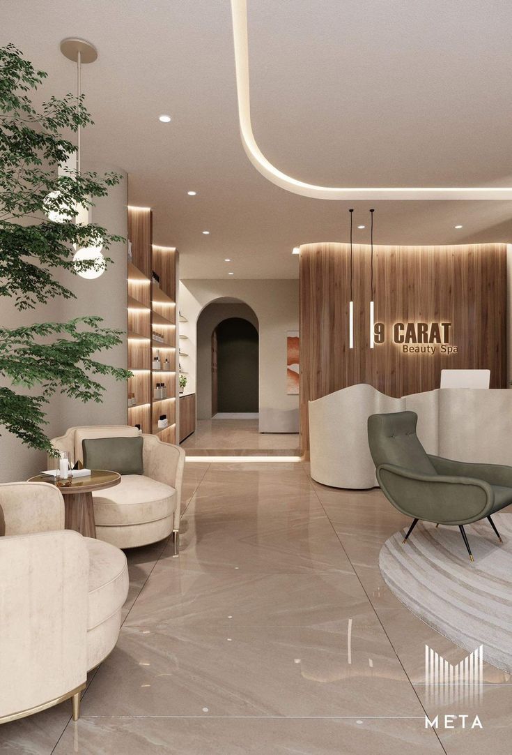 Recepção de spa de beleza com ambiente acolhedor